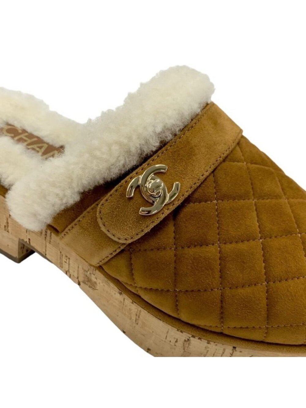 Chanel Sandals Shoes Suede Mouton Cork Brown Gold Clog Mules Turnlock Coco Mark - Picture 9 of 10